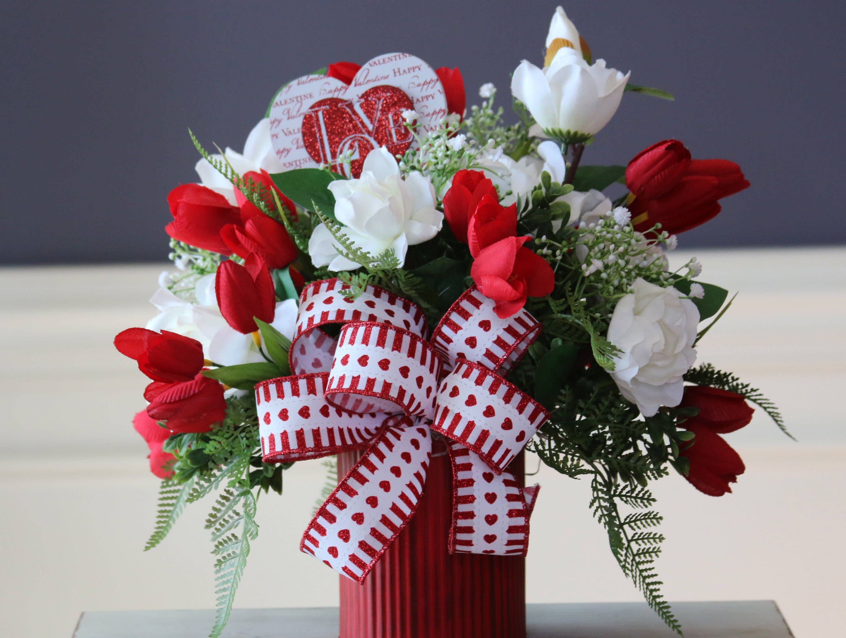 Valentines Day Flower Arrangement Valentines Centerpiece Red Etsy