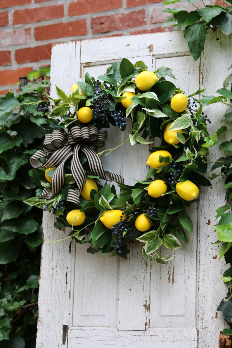 Lemon wreath Front door, Double Door Spring wreath, Farmhouse wreath, Lemon Summer Door wreath, Country Kitchen Decor, Lemon Home Wall Decor image 2