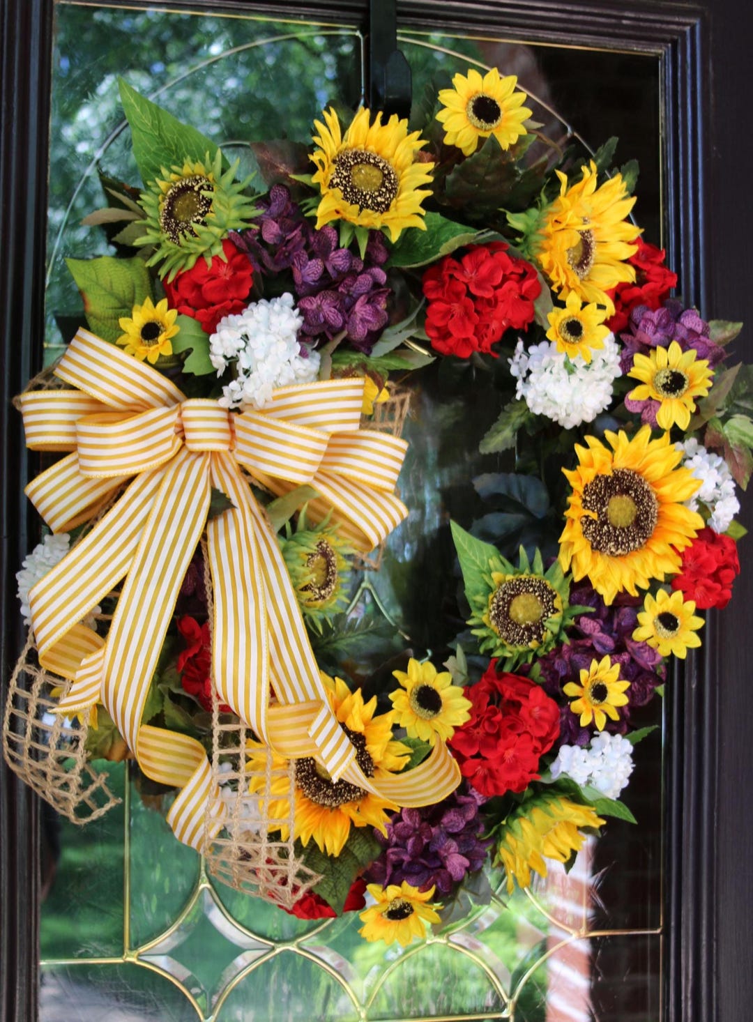 Large Sunflower Wreath for Front Door, Red Geranium & Sunflower Wreath ...