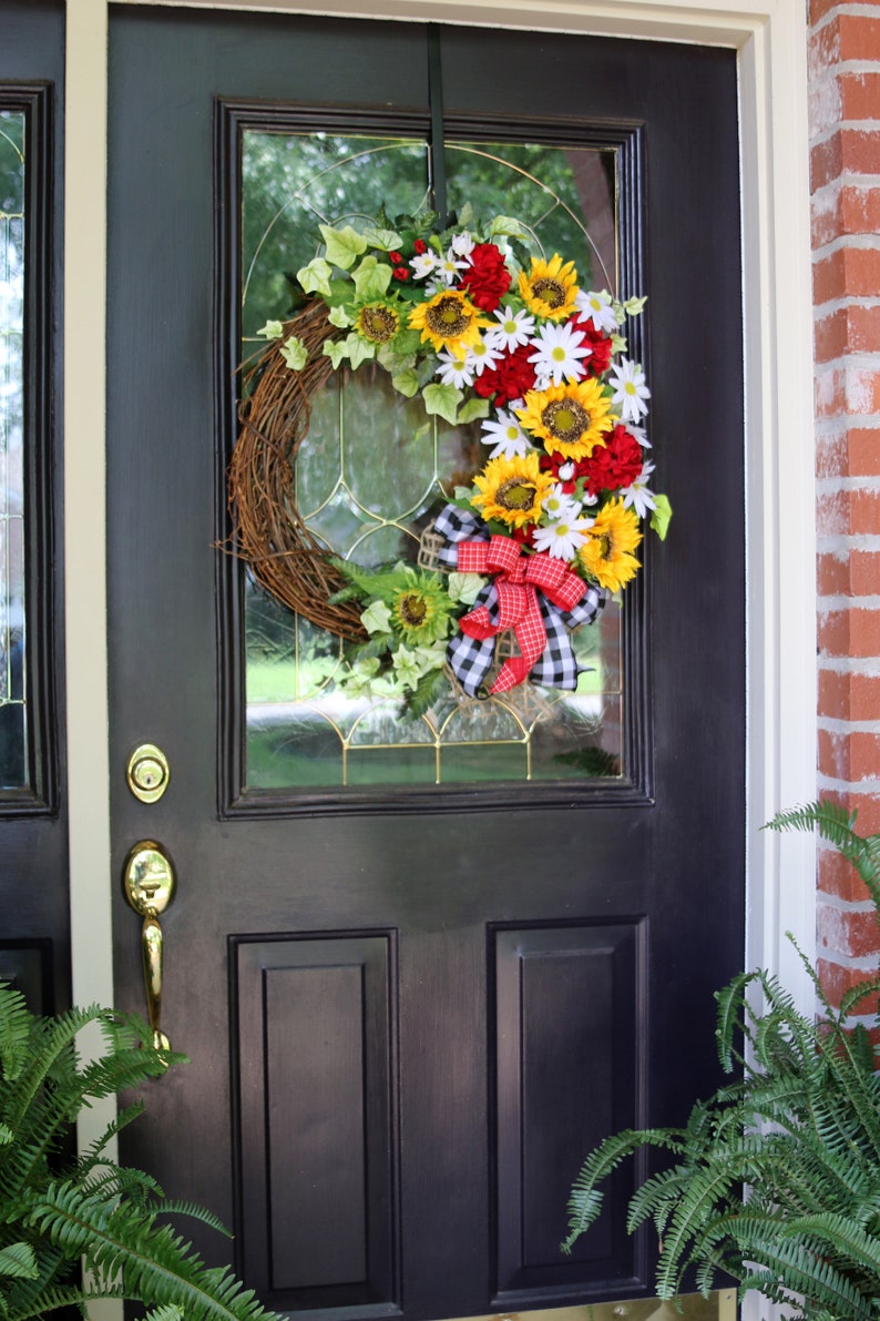 Sunflower Wreath, Summer Door Wreath, Red Geranium Sunflower Wreath ...