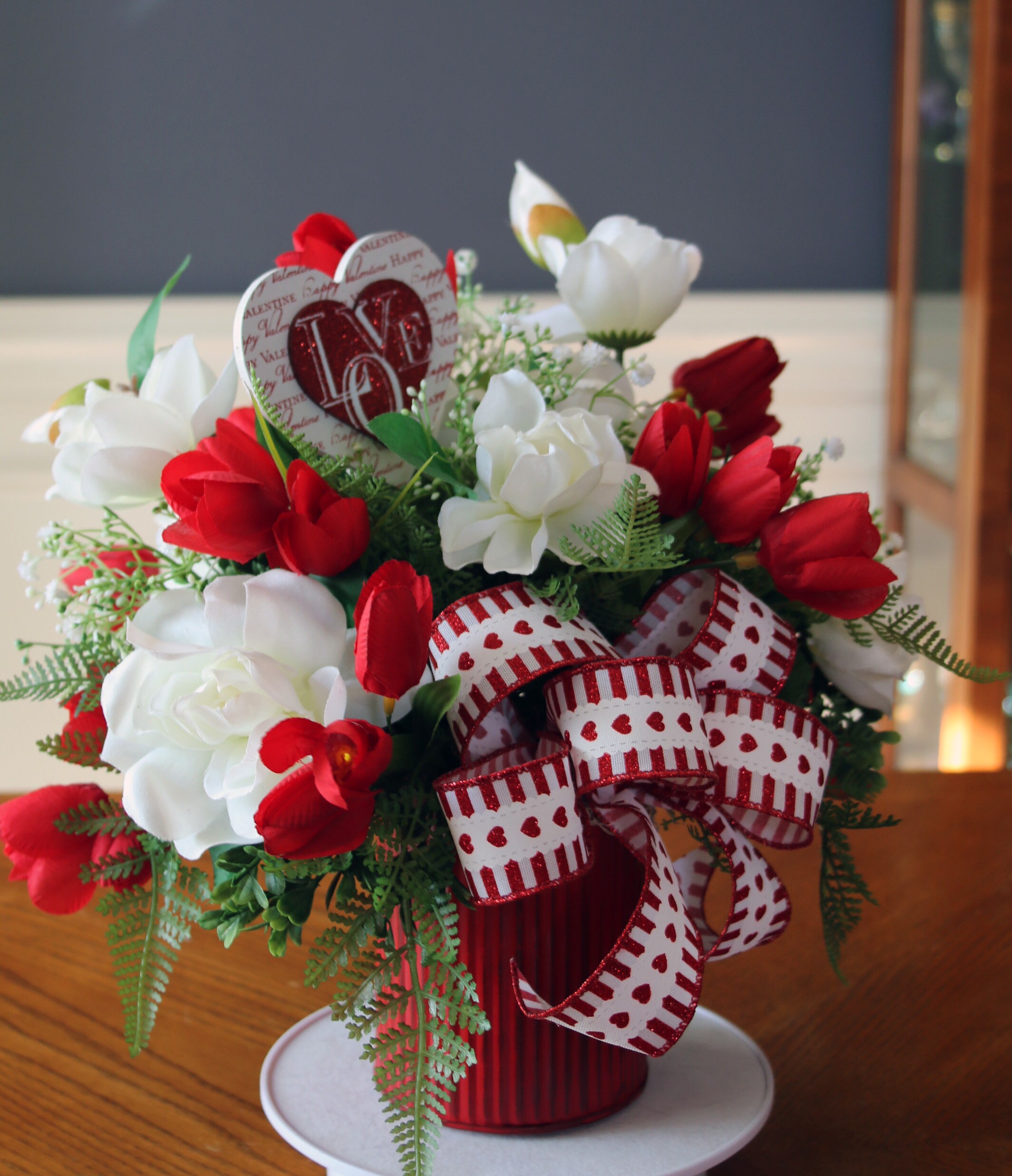 Valentines Day Flower Arrangement Valentines Centerpiece Red Etsy