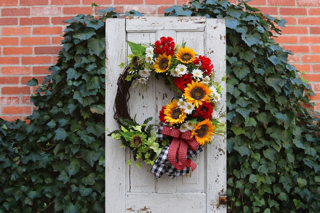 Summer Sunflower Wreath for Front Door, Red Geranium & Sunflower Wreath ...