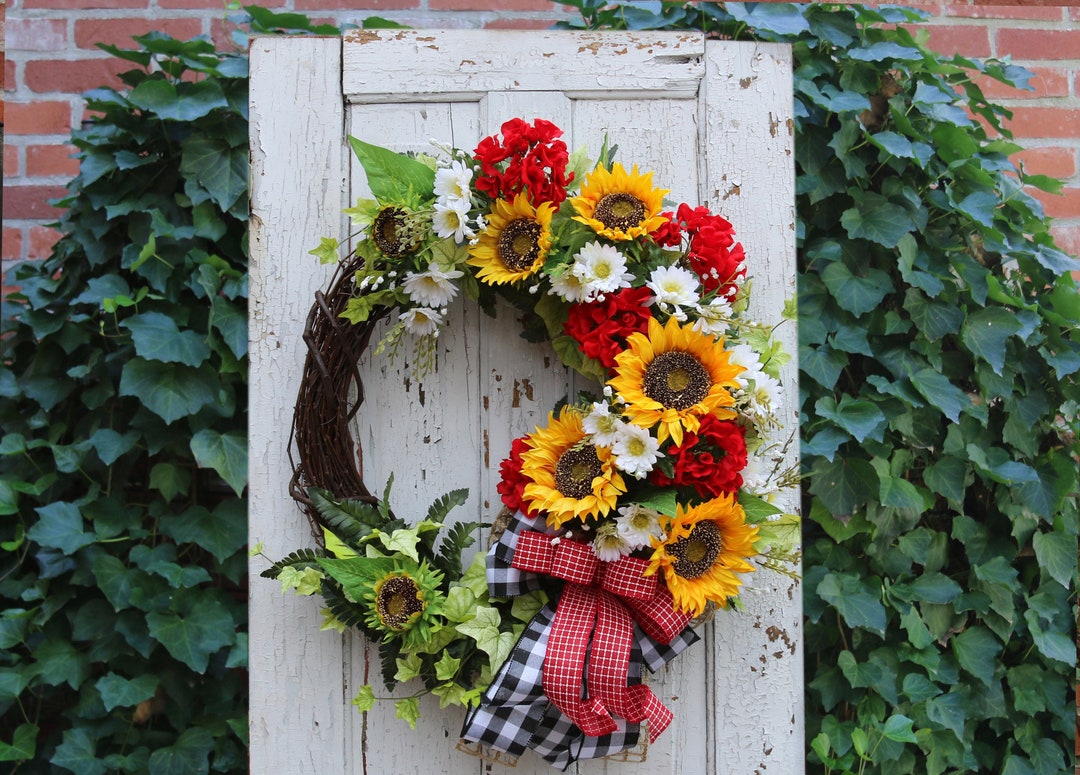 Sunflower Wreath, Summer Door Wreath, Red Geranium Sunflower Wreath ...