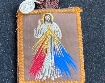 Può includere: Un cordoncino marrone con un piccolo ciondolo d'argento e un quadrato di tessuto marrone con un'immagine ricamata di Gesù Cristo con un'aureola rossa, gialla e blu. Il quadrato di tessuto ha un bordo cucito arancione.