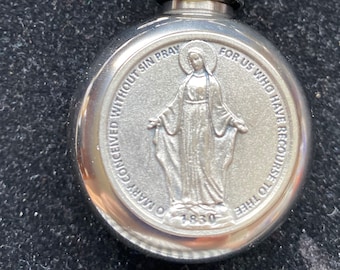 Round Miraculous Mother Mary Holy Water / Holy Oil / Holy Salt / Stainless Steel Flask