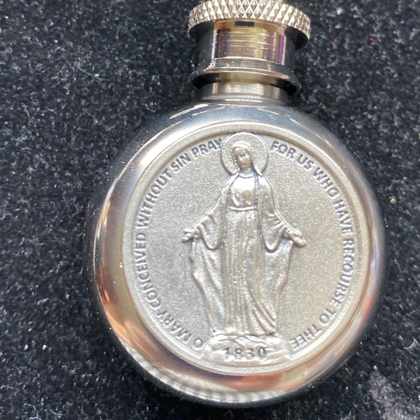 Round Miraculous Mother Mary Holy Water / Holy Oil / Holy Salt / Stainless Steel Flask