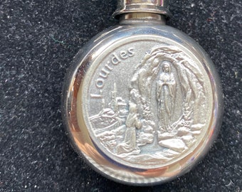 Round Our Lady of Lourdes Holy Water / Holy Oil / Holy Salt / Stainless Steel Flask