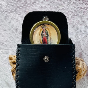 Holy Communion Pyx with Leather Burse Set / Homebound / Our Lady of Guadalupe Pyx  / Brass Tone Pyx with Plastic Liner / Holy Eucharist