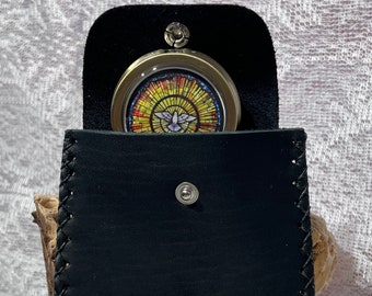 Holy Communion Pyx with Leather Burse Set: Brass Tone Holy Spirit Design