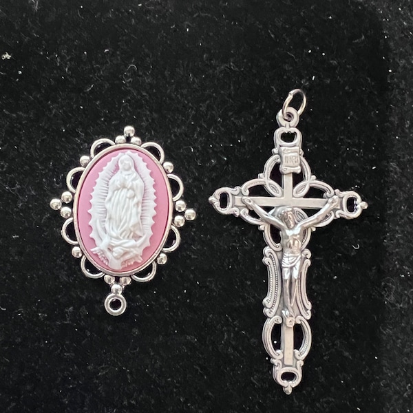 This is a medium Oval Cameo Rosary Center with a Silver Tone Filagree Cross Our Lady of Guadalupe, Fatima, Madonna and Child