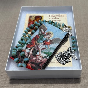 Hand-Tied and Hand-Knotted Saint Michael Chaplet | Rosary | Blue-Green Czech Glass Beads | Catholic Chaplet of Saint Michael the Archangel