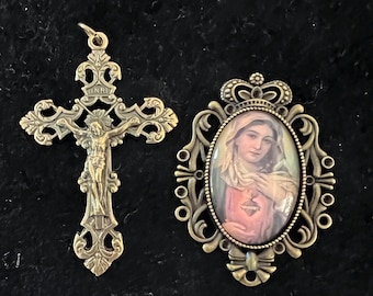 Rosary Center Bronze Filagree Cross Immaculate Heart of Mary Large Oval Rosary Center with Cross