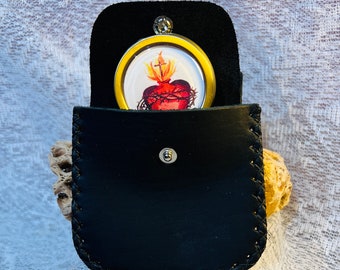 Holy Communion Pyx with Leather Burse Set / Homebound / Sacred Heart Pyx  / Brass Tone Pyx with Plastic Liner / Holy Eucharist