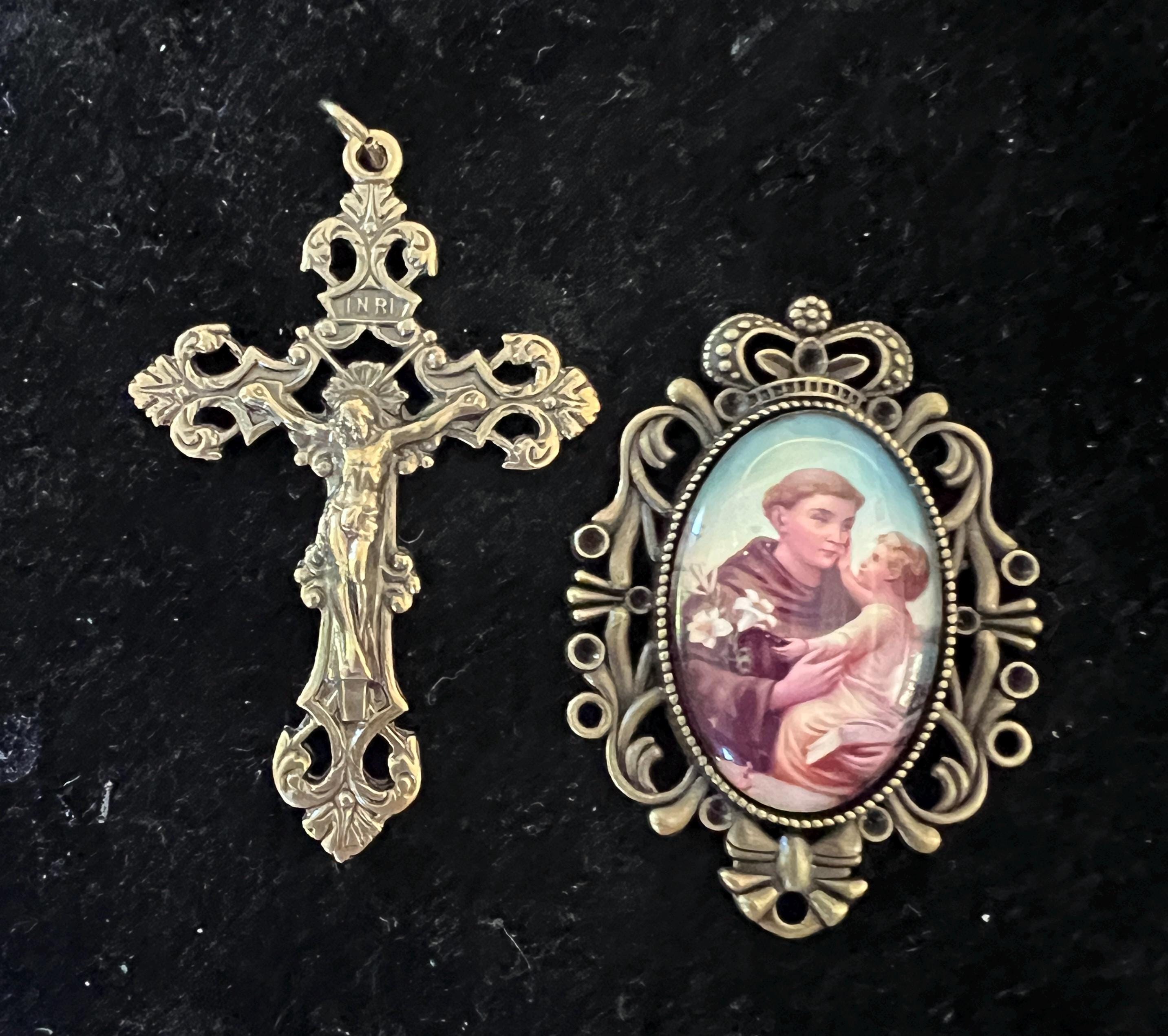 Bracelet Argent 925 Avec Breloques Pendantes Religieuses - Croix, Cœur, Saint Antoine, Occasion