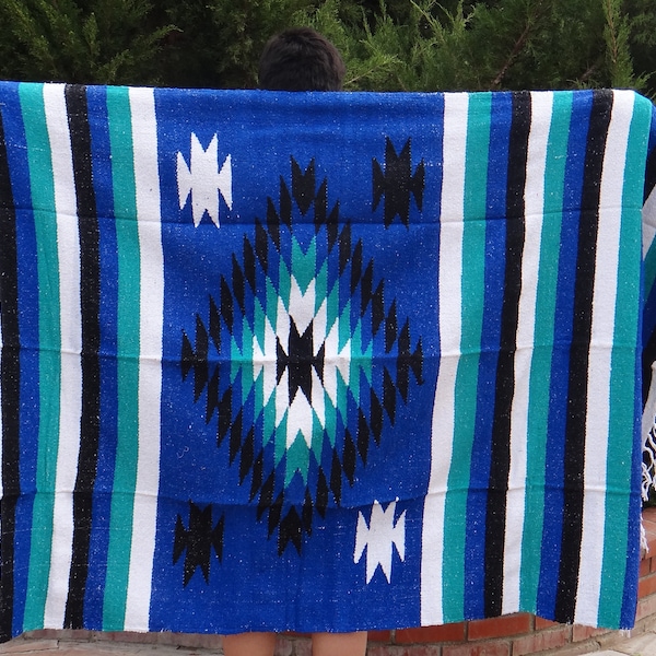 Vintage Extra Thick MEXICAN South Western Diamond Heavy Duty Blankets / Hand Woven for yoga, festivals, beach Parties