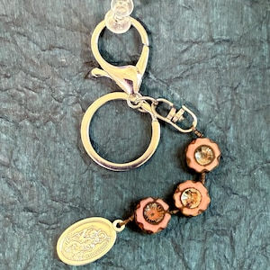 Schlüsselanhänger Rosenkranz, Runde Rosa Blume Tschechische Glasperlen, Rosenkranz Schlüsselanhänger mit Saint Christoper # 1
