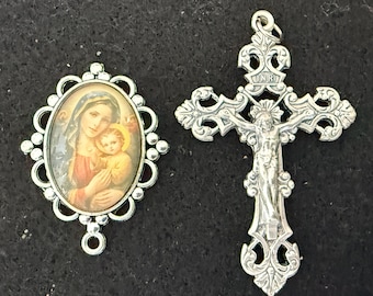 Silver Tone Medium Rosary Center: Filigree Cross, Our Lady of Perpetual Help