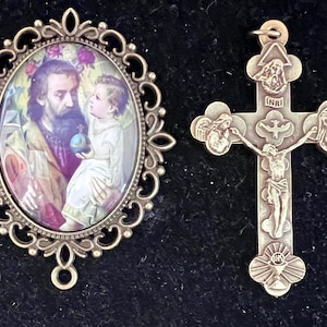 This is an XL Bronze Oval Saint Joseph Rosary Center with a Bronze Filagree Cross