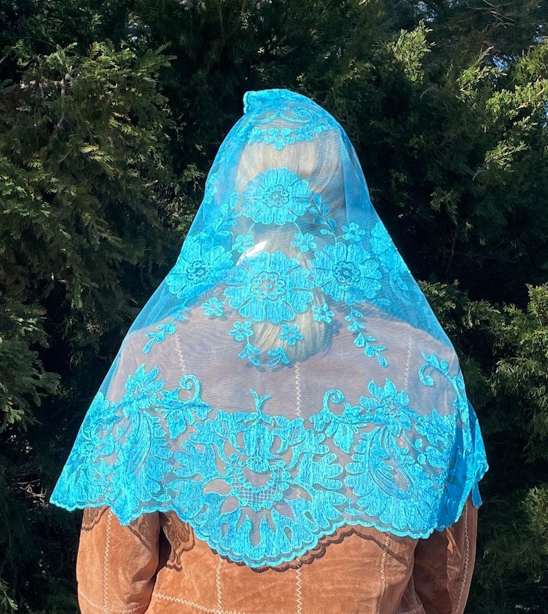 May include: A light blue lace mantilla with a floral design. The mantilla is made of a sheer fabric and has a scalloped edge.