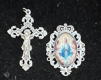 Silver Filigree Rosary Center: Miraculous Mother Mary, Cross