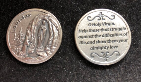 OUR LADY OF LOURDES LARGE METAL POCKET PRAYER COIN MEDAL TOKEN RELIGIOUS
