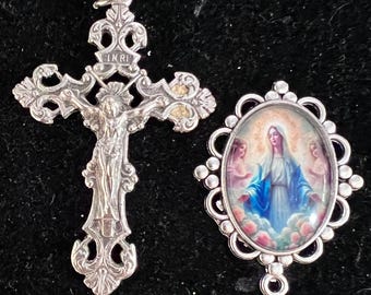 Centro del rosario color argento: croce in filigrana, Madre Immacolata