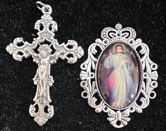 Silver Divine Mercy Rosary Center with Filigree Cross
