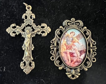 This is a Large Oval Bronze Saint Michael ~ B Rosary Center with a Filagree Cross