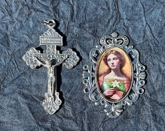 Saint Dymphna Large Rosary Center with Silver Indulgence Cross