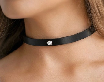【EVERYBIRTHDAY】Stone Black Leather Choker Black Leather Choker Personalized Birthstone Necklace