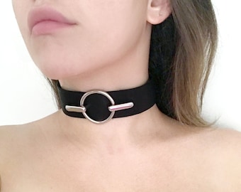 Genuine leather O ring choker collar necklace; woman leather collar; leather necklace metal arch