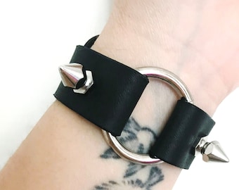 Black leather spike o ring bracelet