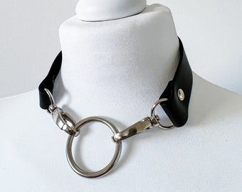 Leather o ring carabiner choker with o ring; black or red