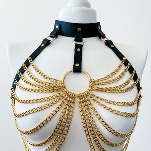 Leather chest  harness with chains silver or gold