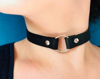 Full grain leather choker necklace 15mm with 20mm o ring