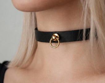 Leather choker with hanging ring: silver, gold, gunmetal