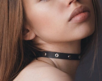 Genuine leather chokers with rivets; leather choker; black, red, beige choker; woman collar