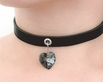 Black leather choker with swarovski heart pendant