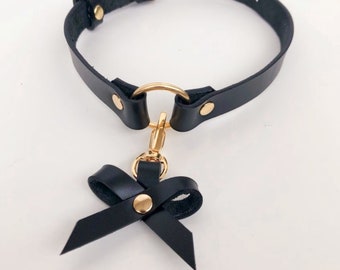Black leather o ring choker necklace with bow; silver or gold