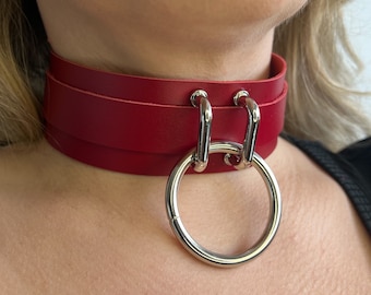 Full grain leather O ring choker collar necklace; woman leather collar; leather necklace; pet play; chain leash locking