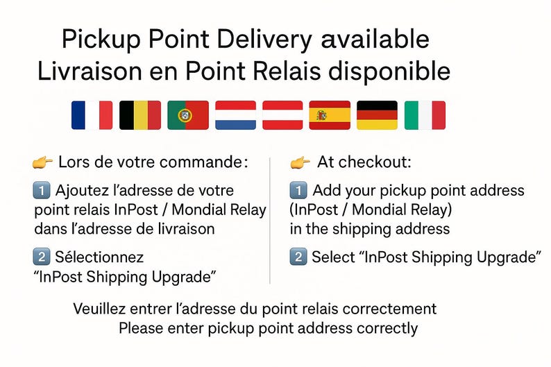 Pode incluir: Imagem com texto em ingl&ecirc;s e franc&ecirc;s, indicando a entrega no ponto de coleta. S&atilde;o fornecidas instru&ccedil;&otilde;es para adicionar um endere&ccedil;o de ponto de coleta e selecionar a op&ccedil;&atilde;o InPost Shipping Upgrade.