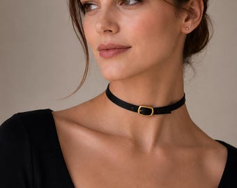 Girocollo in pelle con fibbia, collana nera