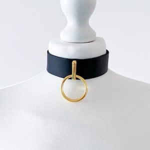 Black leather choker collar necklace with gold color