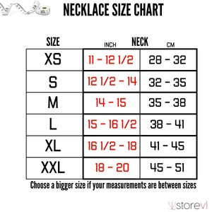 Pode incluir: Uma tabela de tamanhos de colares com medidas em polegadas e cent&iacute;metros. Os tamanhos variam de XS a XXL, com medidas de pesco&ccedil;o de 28 a 51 cm (11 a 20 polegadas). O texto "NECKLACE SIZE CHART" &eacute; exibido.
