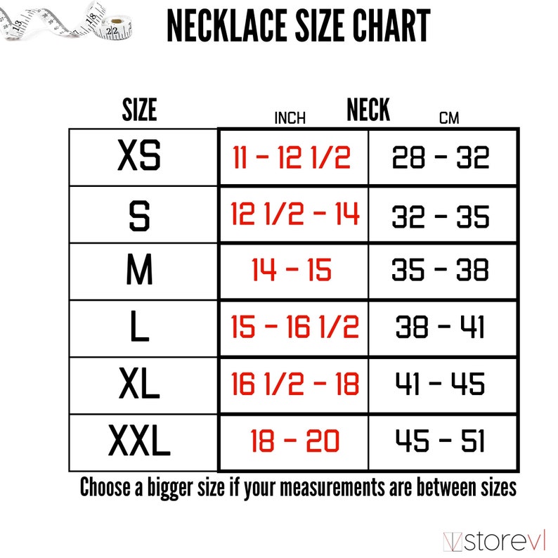 Pode incluir: Uma tabela de tamanhos de colares com medidas em polegadas e cent&iacute;metros. Os tamanhos variam de XS a XXL, com medidas de pesco&ccedil;o de 28 a 51 cm (11 a 20 polegadas). O texto "NECKLACE SIZE CHART" &eacute; exibido.