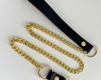 Leather leash  with gold color chain and carabiner: black, red, pink, patent