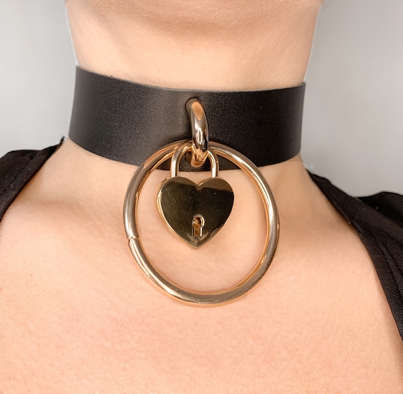 Leather Collar Choker Necklace With Big O Ring and Heart Padlock in Gold Color Etsy