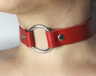 Leather O ring choker collar necklace 20mm strap; 30 mm o ring