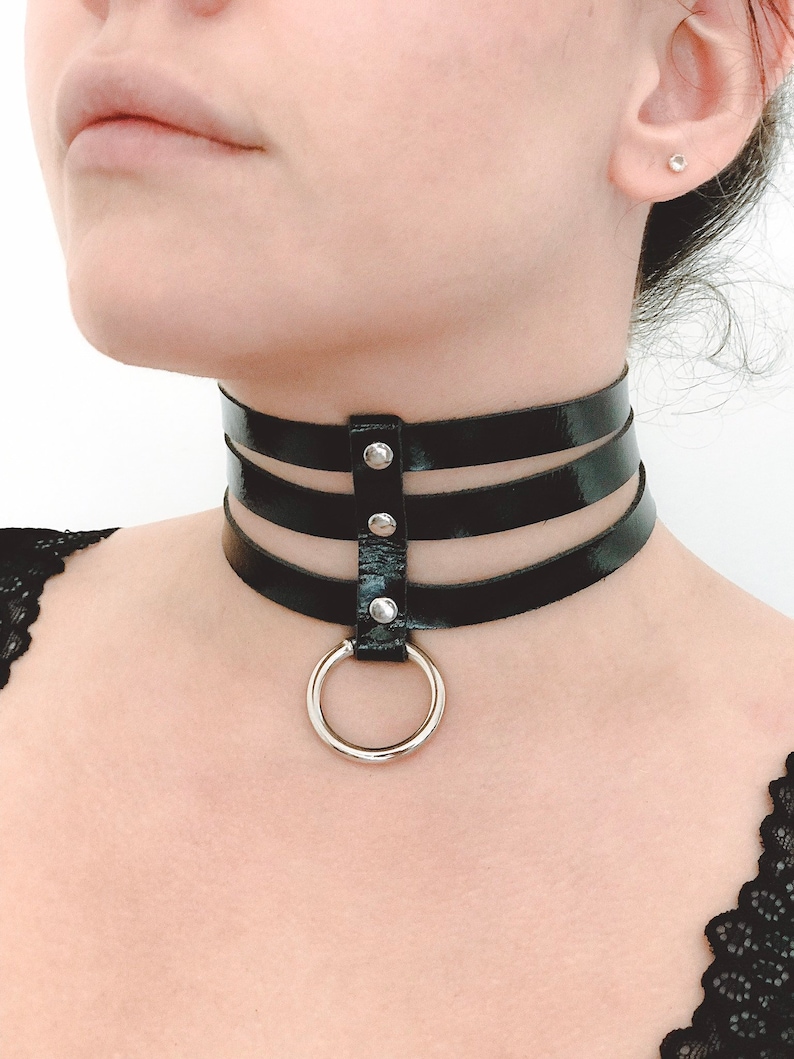 Leather choker 3 row rivets o ring leather woman collar BDSM | Etsy