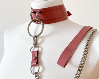 Full grain pink leather O ring choker collar necklace; woman leather collar; leather necklace; pet play; chain leash locking